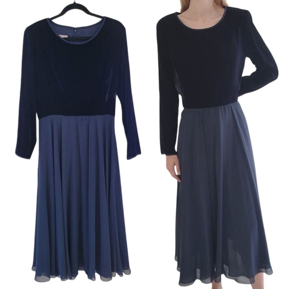 VTG Navy Blue Velvet TALBOTS Long Sleeve Dress Chiffon Midi Length Skirt medium